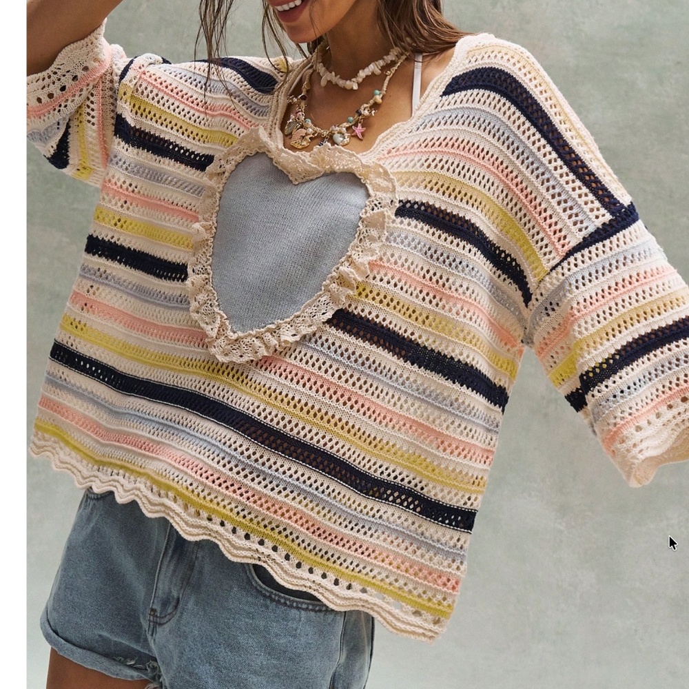 BellanBlue Multicolor Striped Crochet Heart Cutout Short Sleeve Tee - Picture 4 of 6